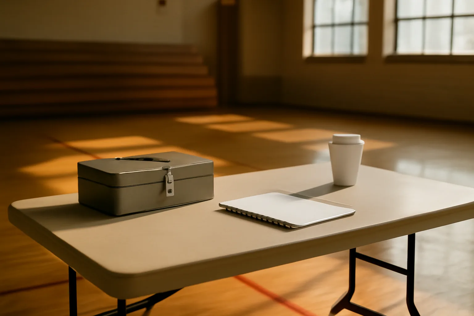 Cash box and open ledger on a folding table at a NYS booster club fundraiser
