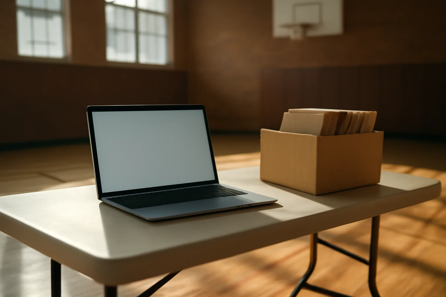 Laptop and record box on a folding table used for online Form 990 filing