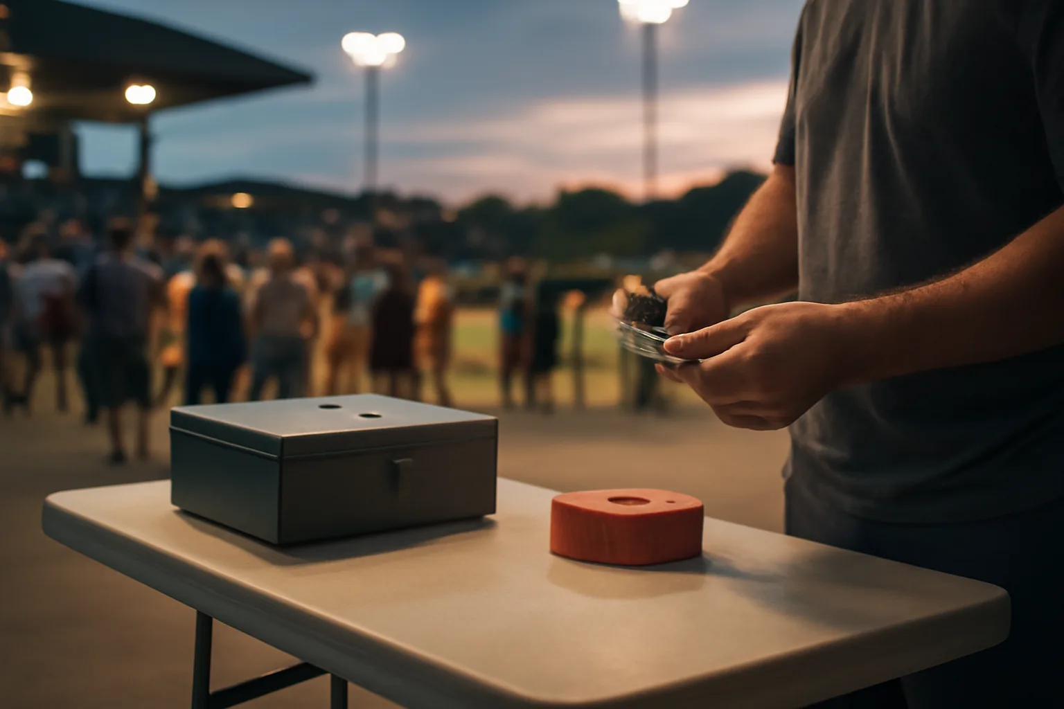 Volunteer counting cash at a ballpark 50/50 raffle table under stadium lights