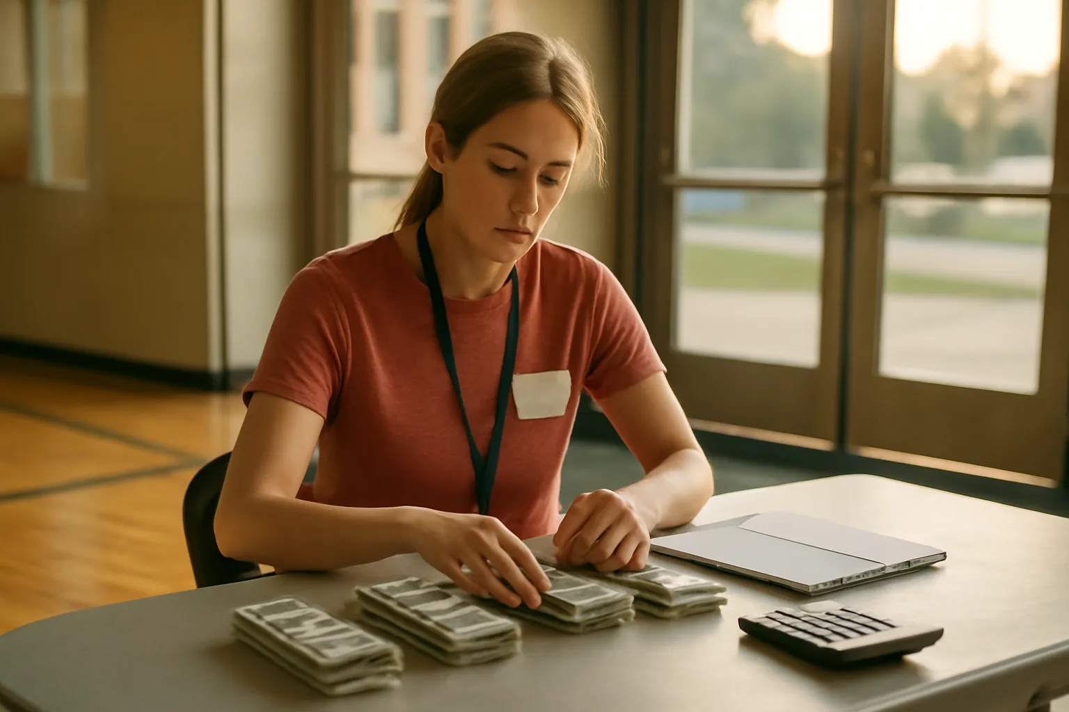 A club treasurer counting fundraiser cash at a folding table in a gym lobby