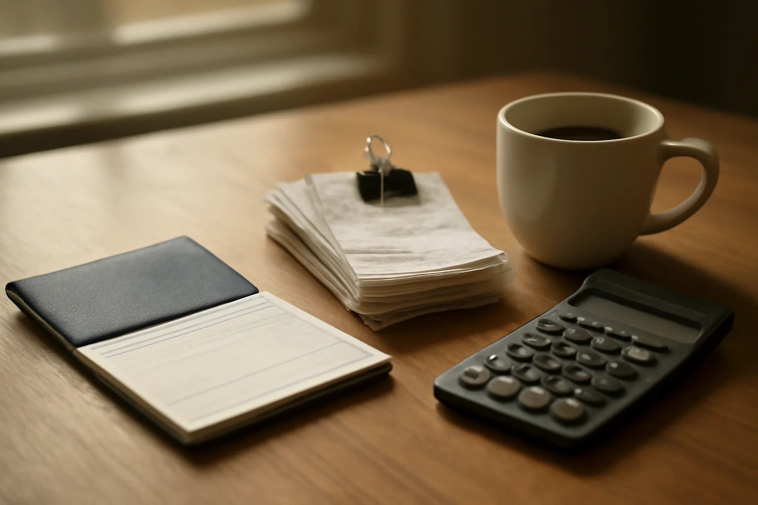 Treasurer's desk with receipts, checkbook, and calculator in morning light