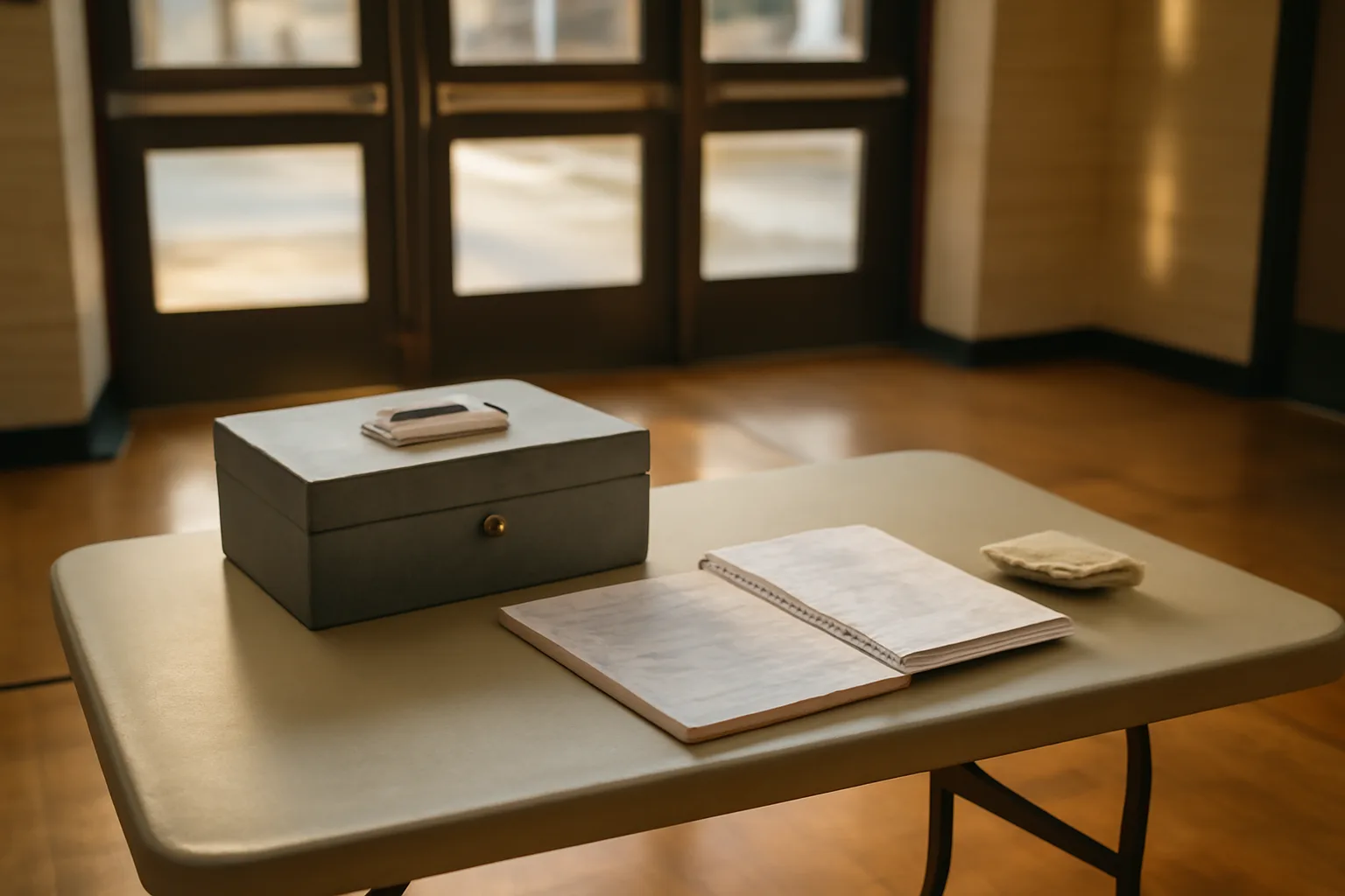 Volunteer treasurer's table with cash box, ledger, and calculator at a school event