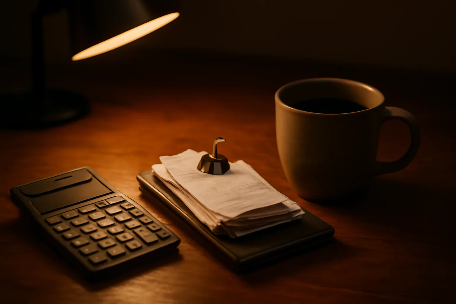Treasurer's desk at night with receipts, calculator, and coffee mug
