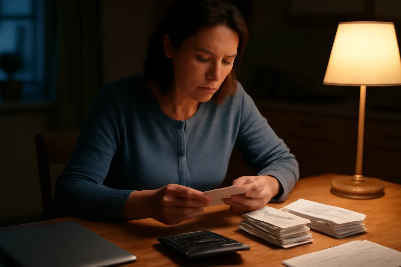 Volunteer club treasurer sorting receipts and reviewing a bank statement at a kitchen table