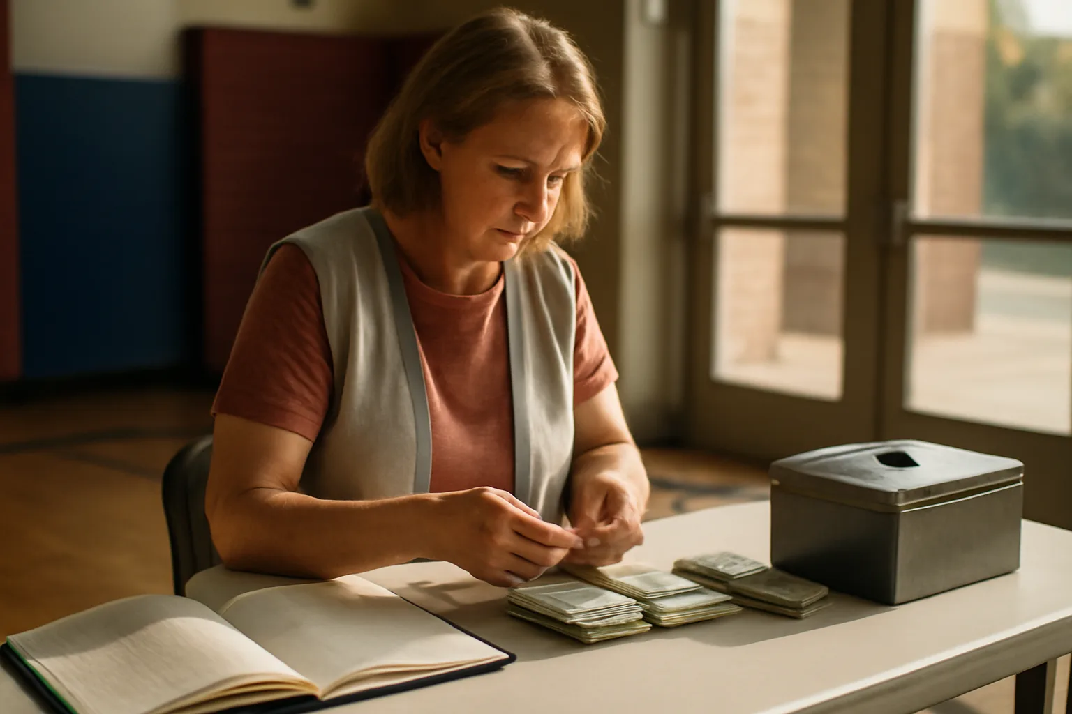 Volunteer treasurer counting cash and recording it in a ledger at a folding table