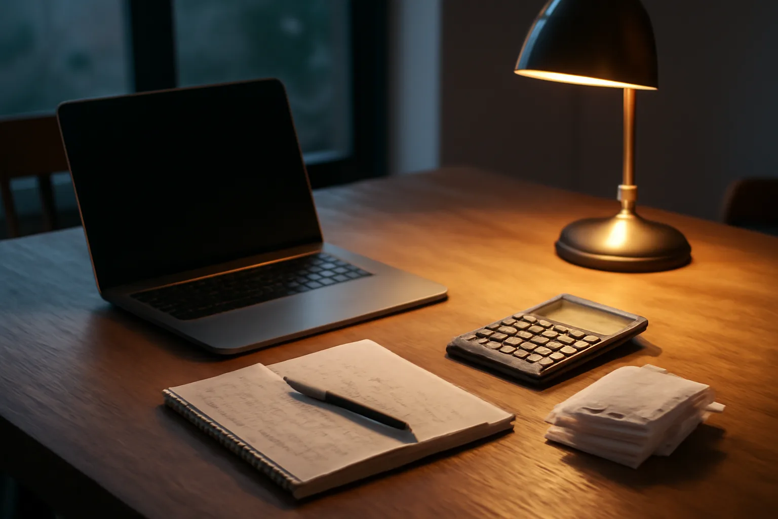Volunteer treasurer's desk with laptop, notebook, and receipts under lamp light