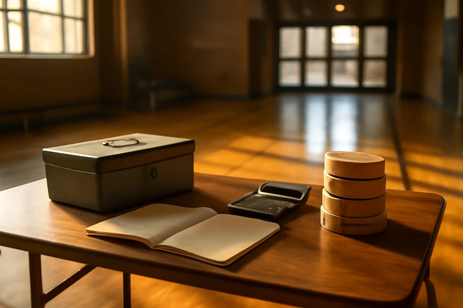Treasurer's cash box and ledger on a folding table at a school event