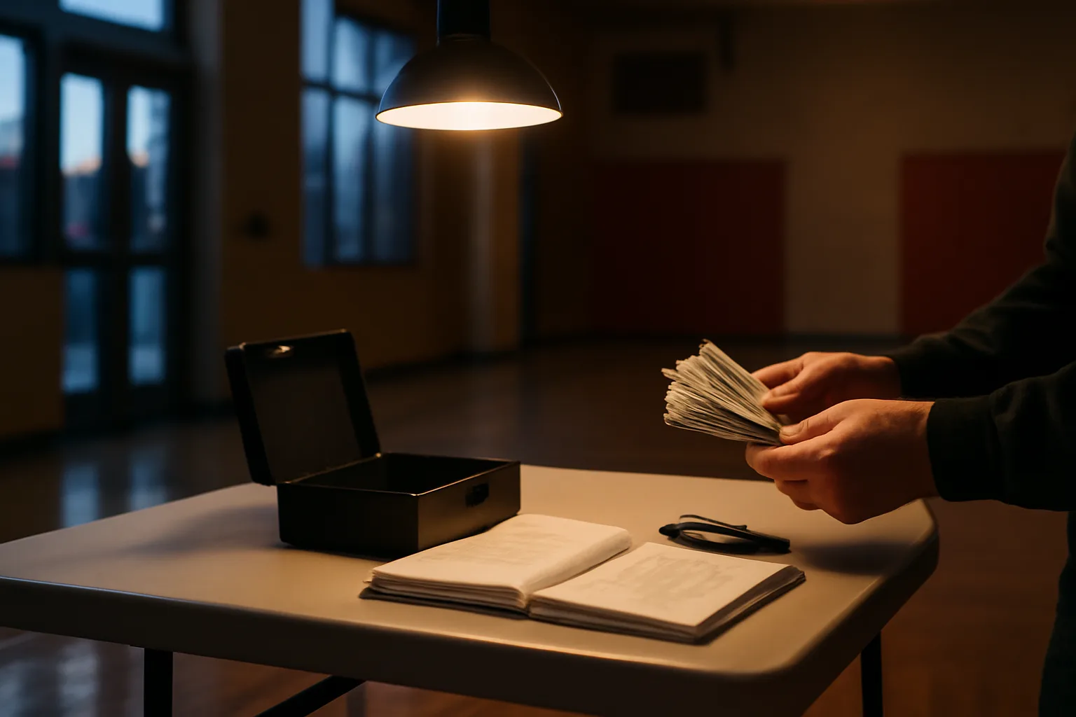 Two people counting cash at a folding table, illustrating the role of a club treasurer
