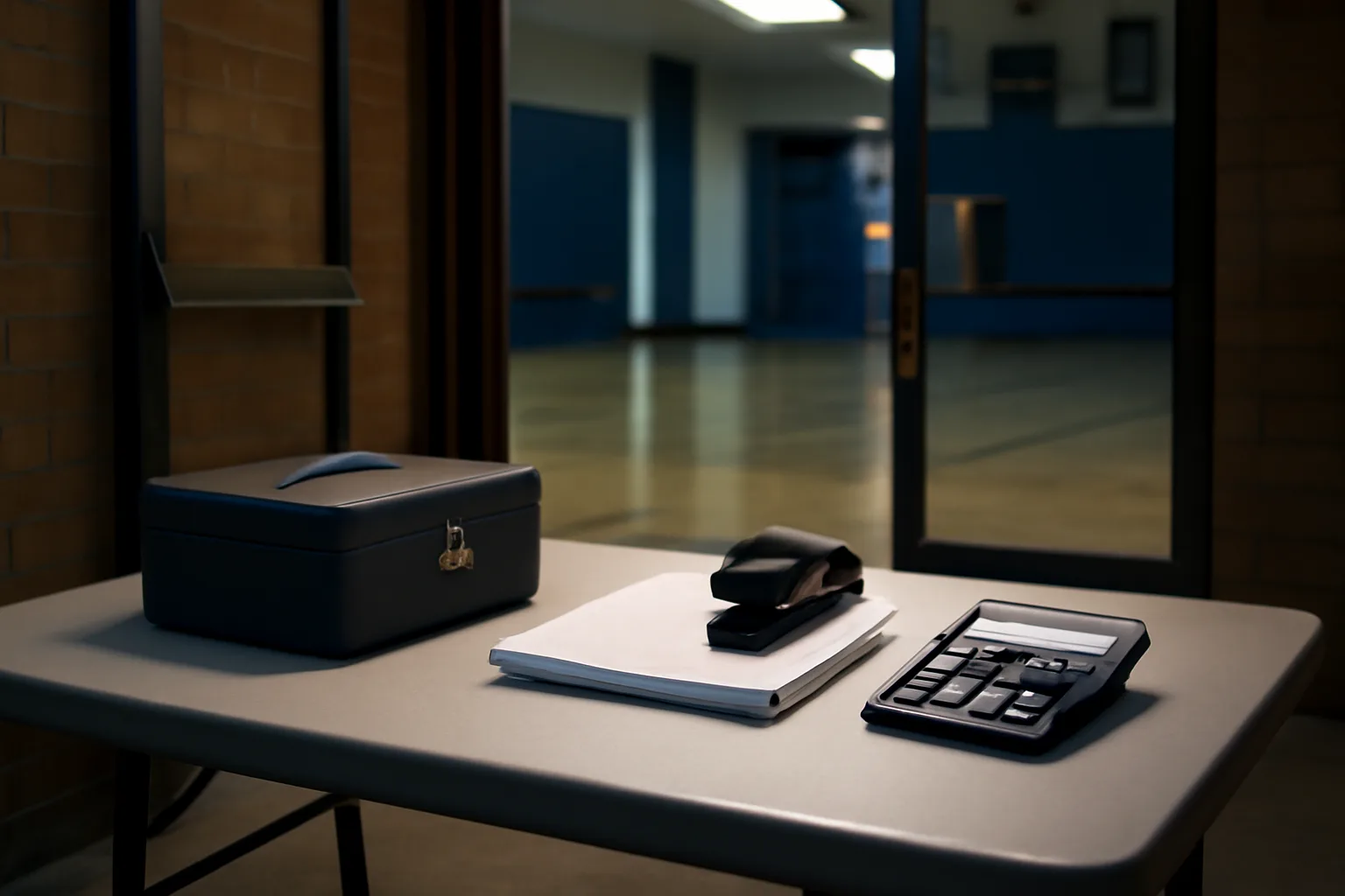 Cash box, receipts, and calculator on a folding table for a booster club treasurer report