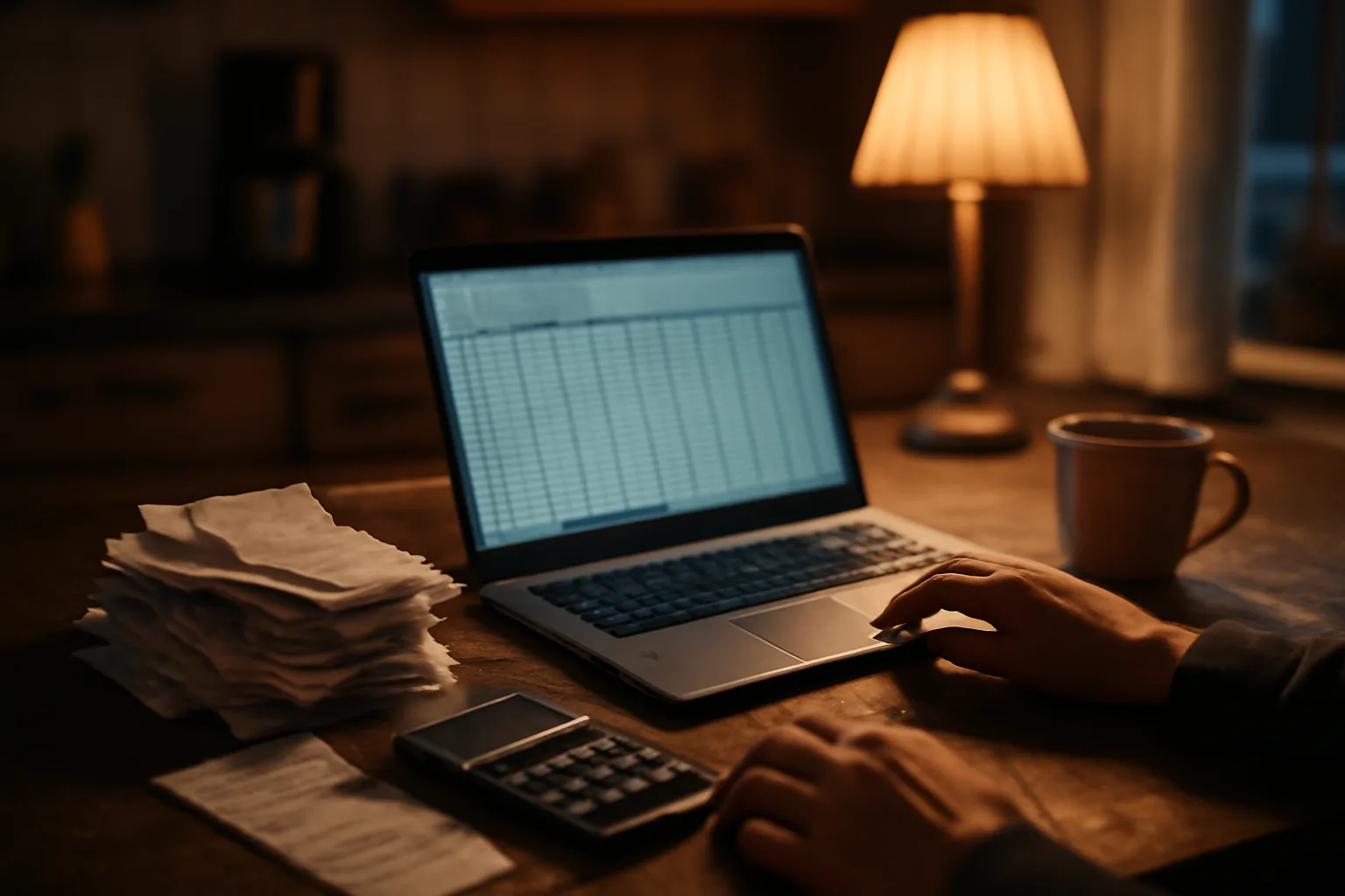 Laptop, receipts, and calculator on a table while preparing a booster club treasurer report