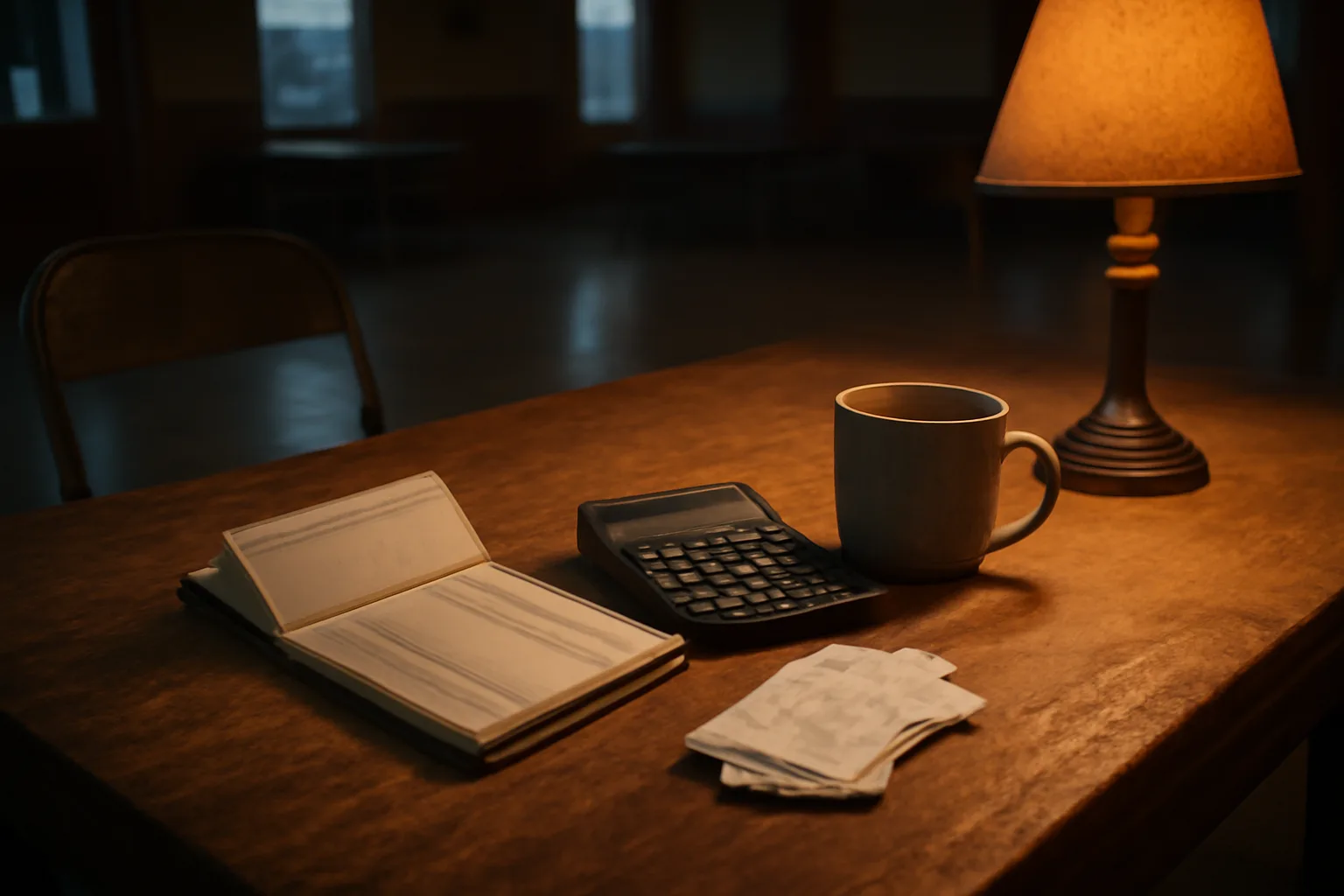 Treasurer's ledger, receipts, and calculator on a table during a booster club meeting