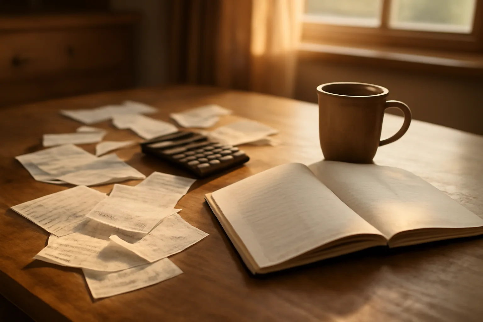 Kitchen table with receipts, calculator, and ledger notebook for a volunteer treasurer