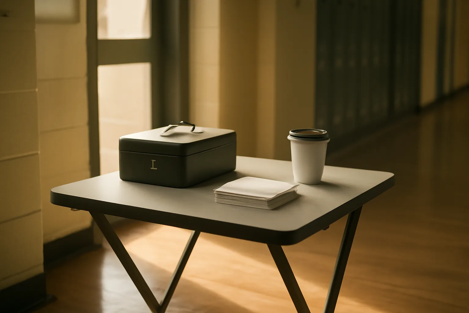 Folding table with cash box and index cards in a school hallway, representing booster club bylaws in practice