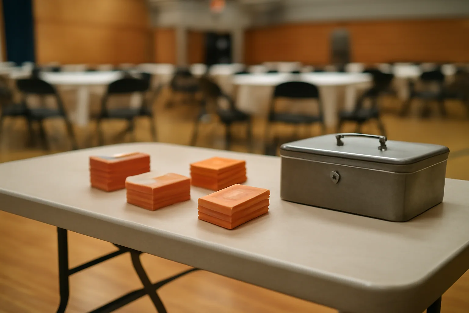Numbered raffle tickets and a cash box on a folding table at a booster club fundraiser