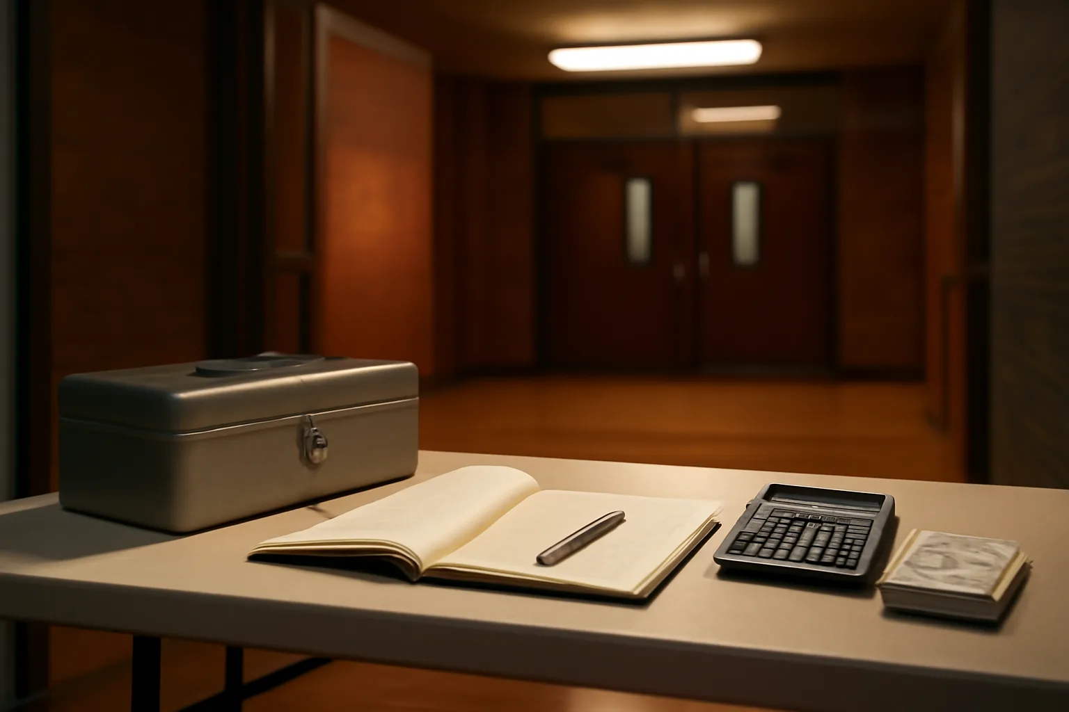 Treasurer's cash box, ledger, and calculator on a folding table before a school event
