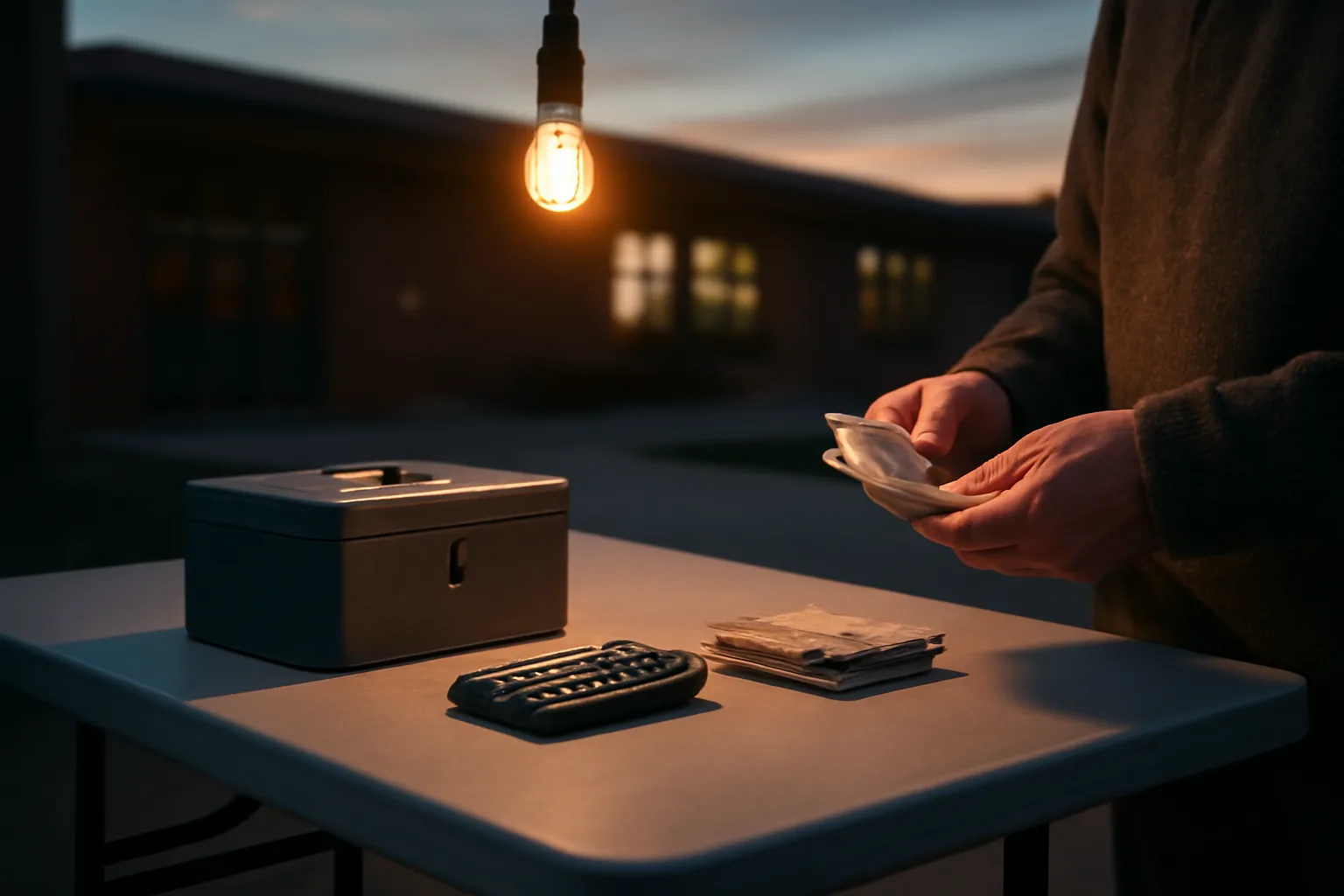 Volunteer treasurer sorting cash and receipts at a folding table before filing a tax return 990