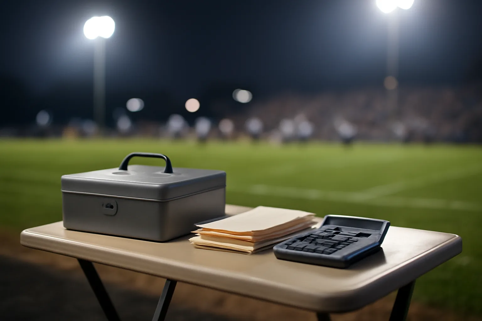 Volunteer treasurer's cash box and receipts on a table under stadium lights