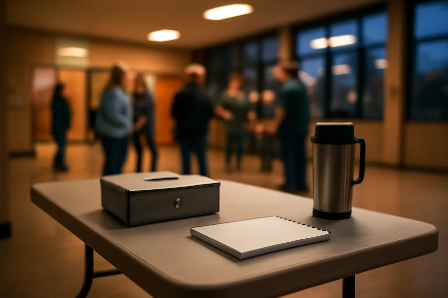 Booster club treasurer's table with cash box and notebook in a school gym lobby