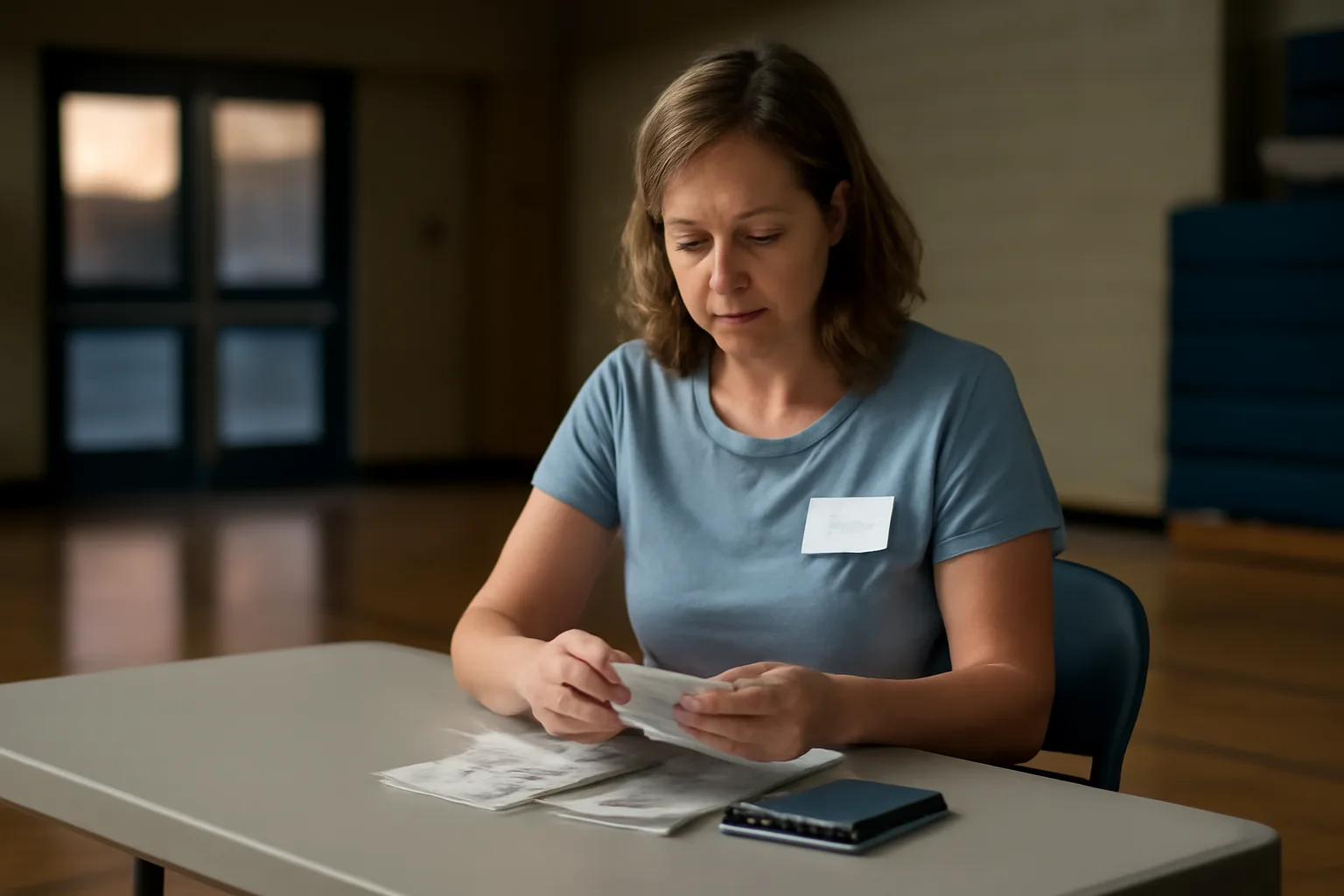 Volunteer treasurer sorting receipts at a folding table in a school gym lobby