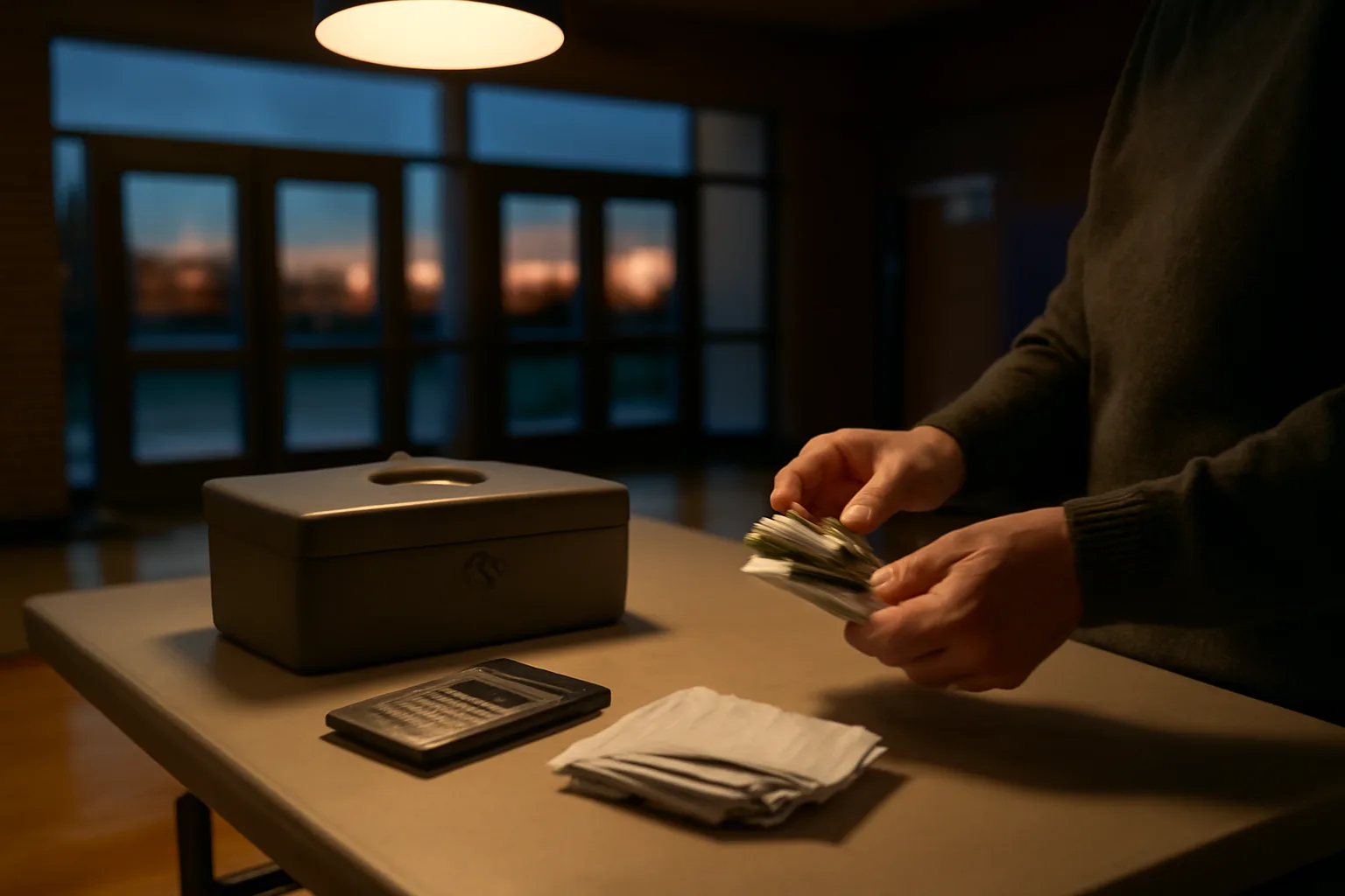 Volunteer treasurer counting cash and receipts at a folding table after a school fundraiser
