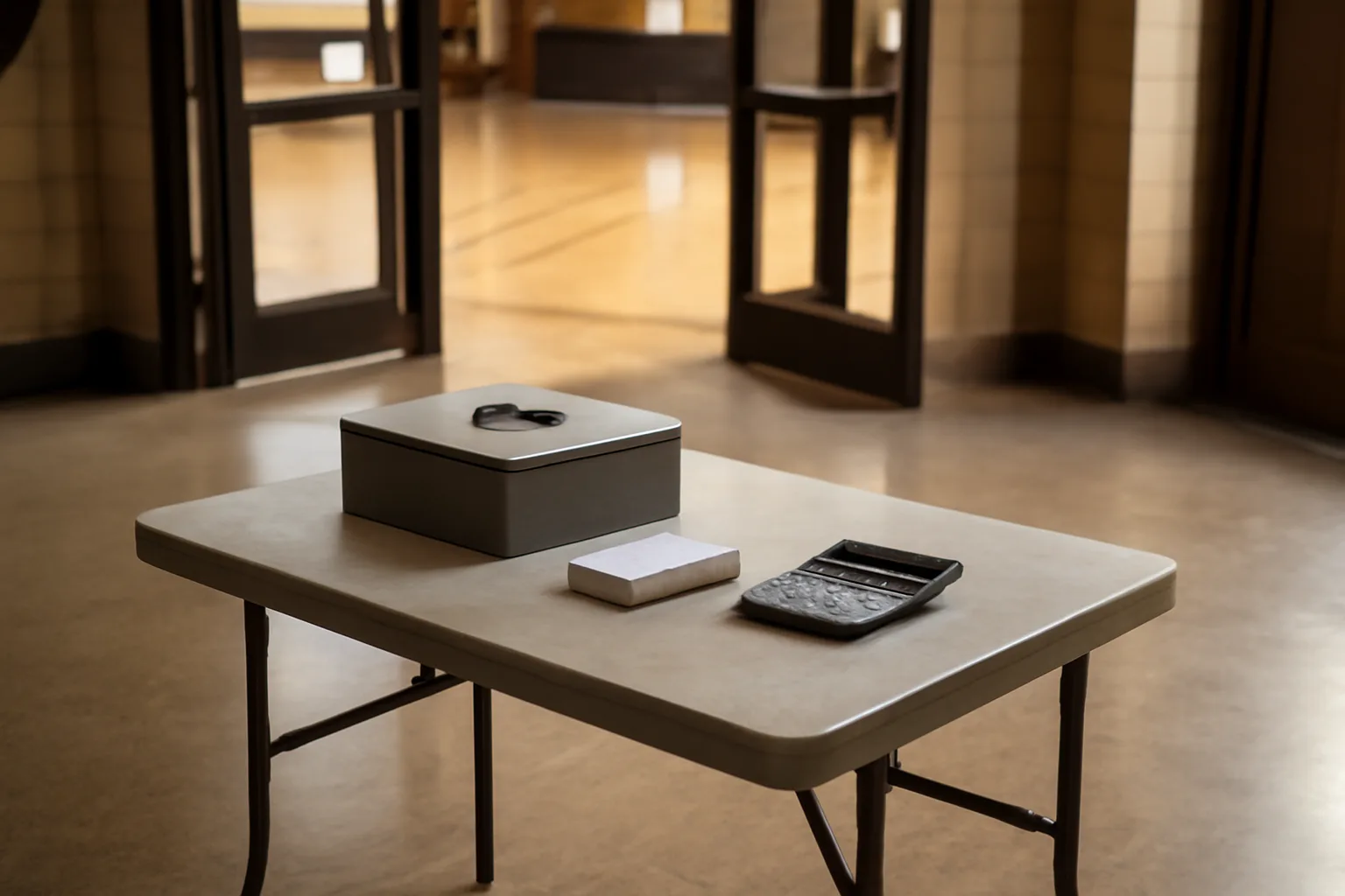 Cash box, calculator, and paper tickets on a folding table at a school event