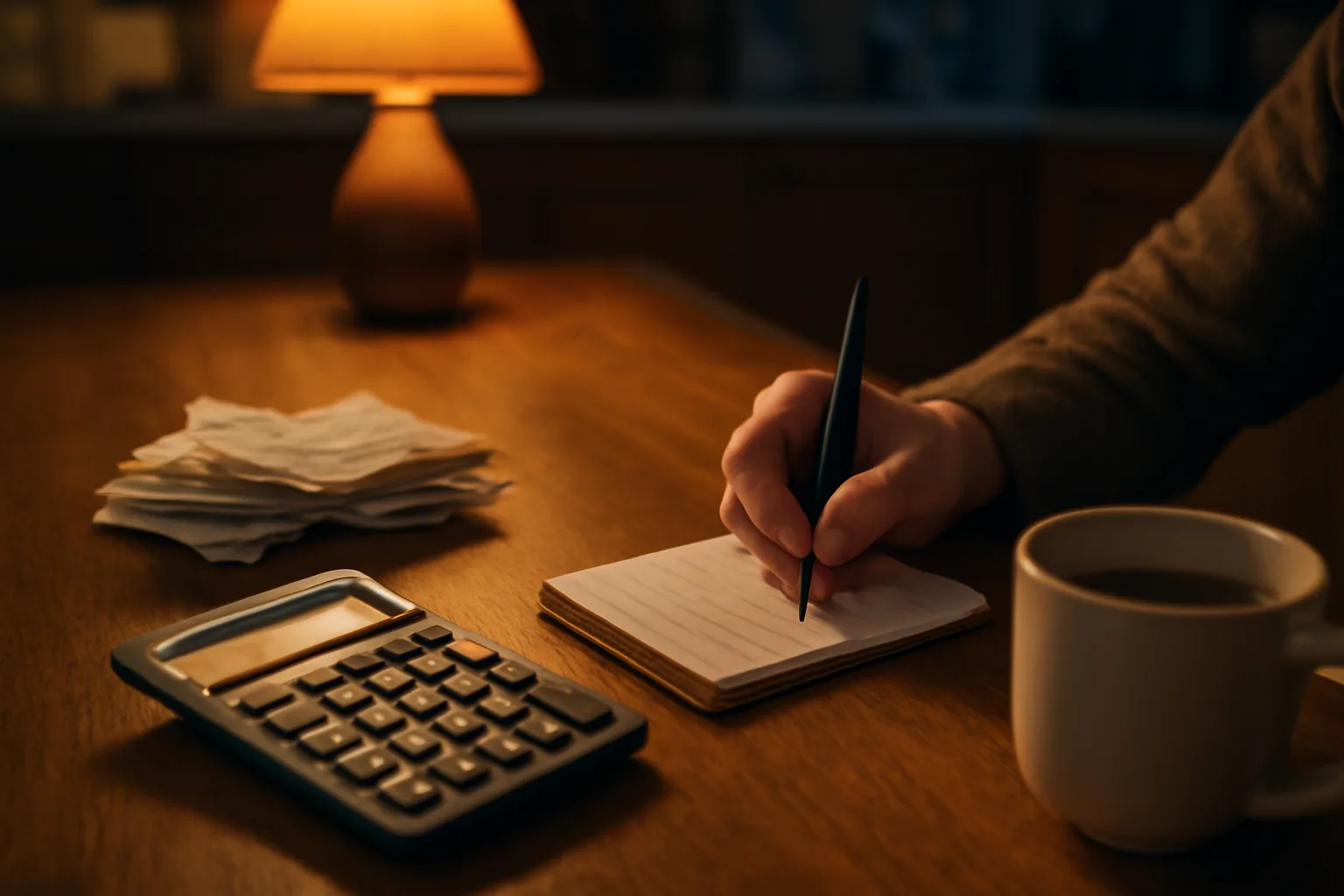 A volunteer treasurer reviewing receipts and a checkbook at a kitchen table