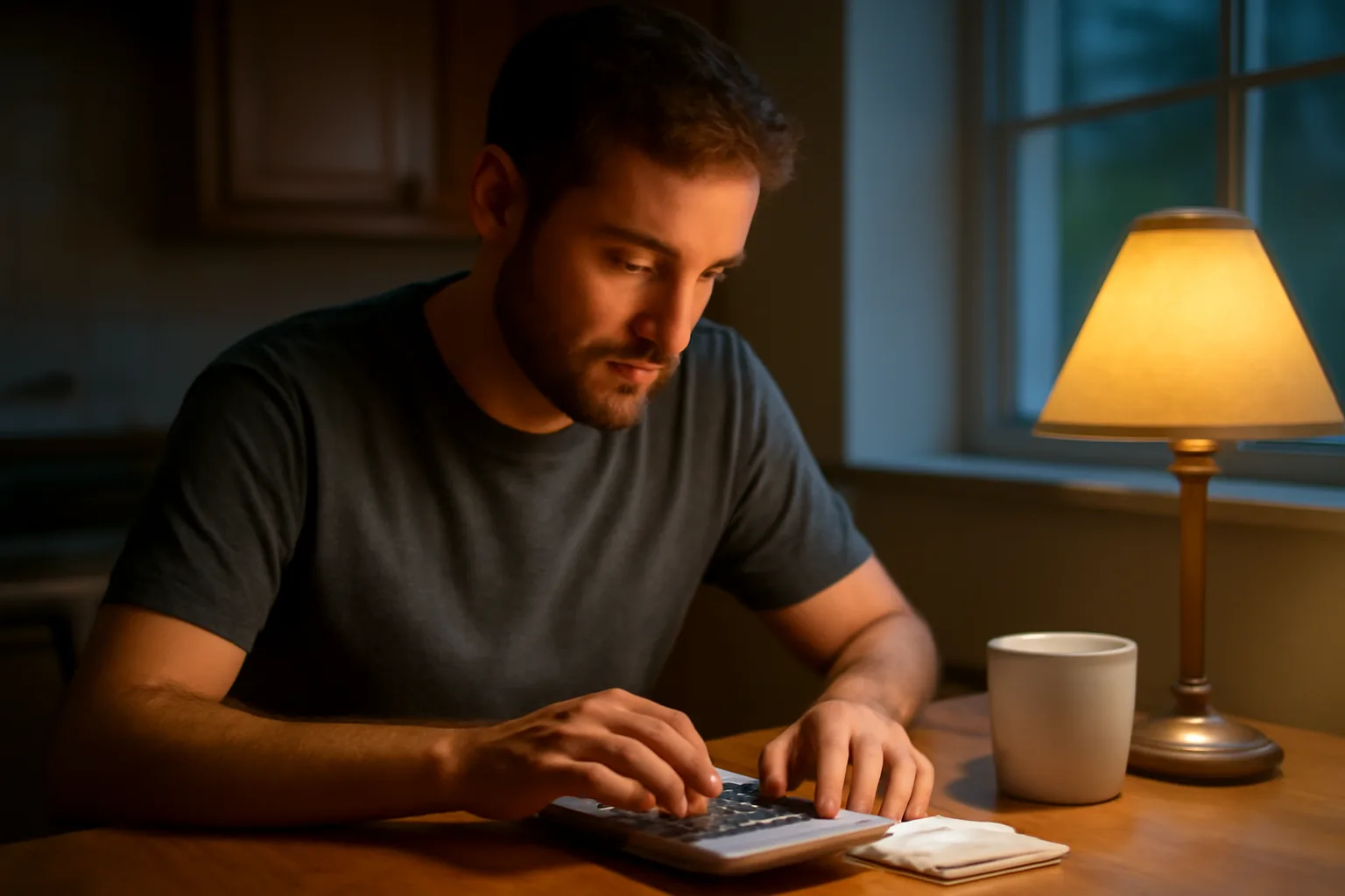 Volunteer treasurer reviewing financial records at a kitchen table at night