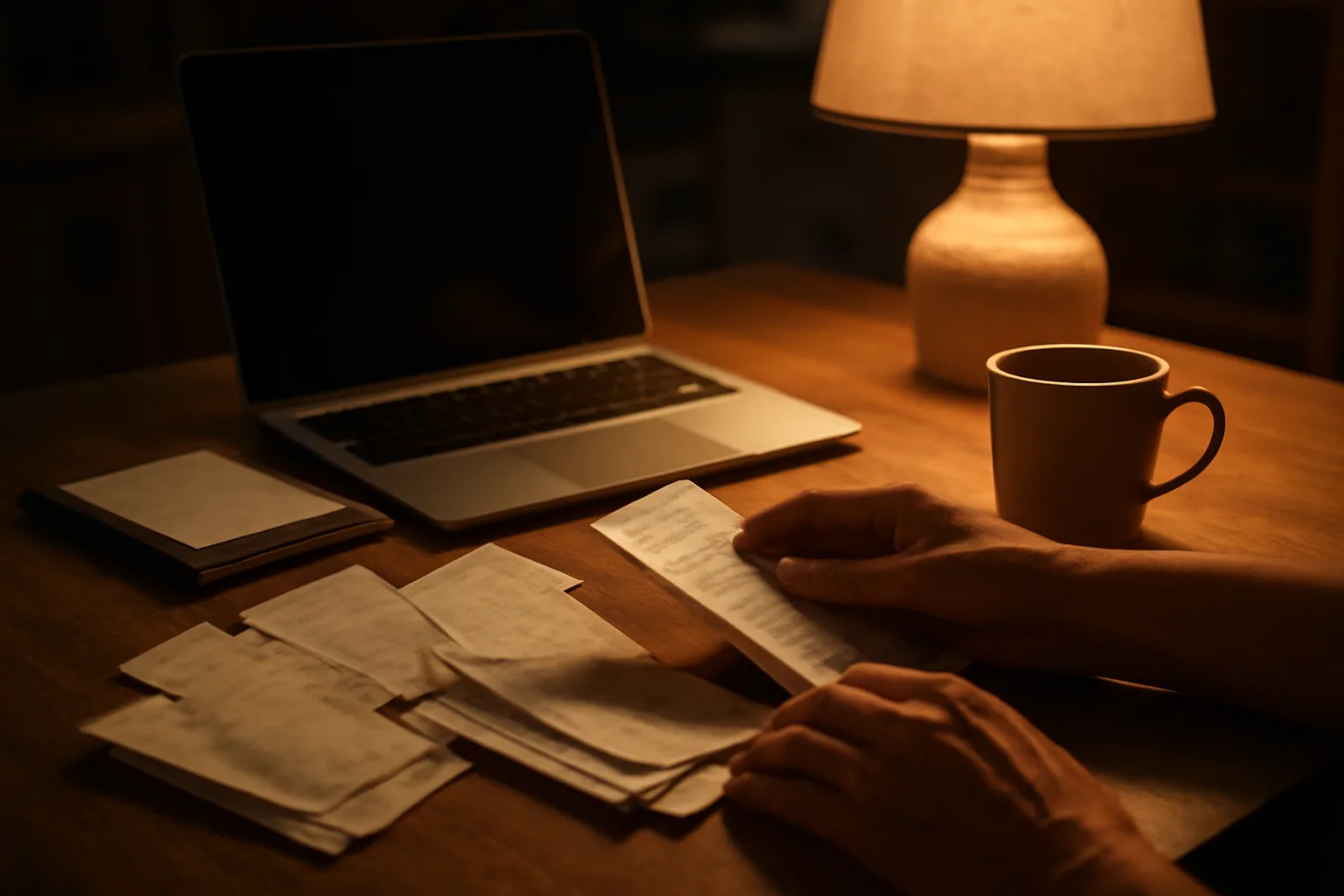 volunteer treasurer of a nonprofit sorting receipts and a laptop at a kitchen table at night