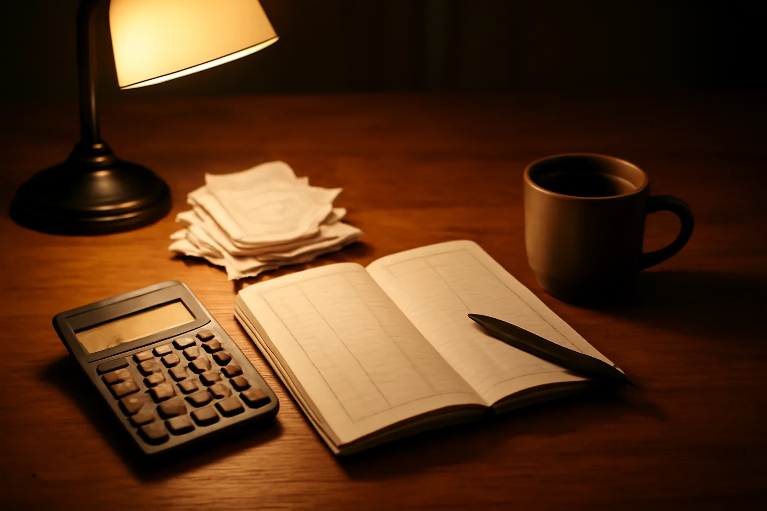 Kitchen table workspace showing a nonprofit treasurer's ledger, calculator, and receipts at night