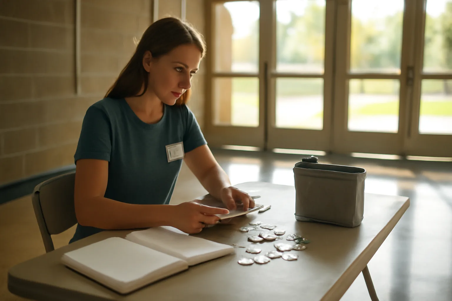 Volunteer treasurer sorting cash into a deposit bag at a folding table