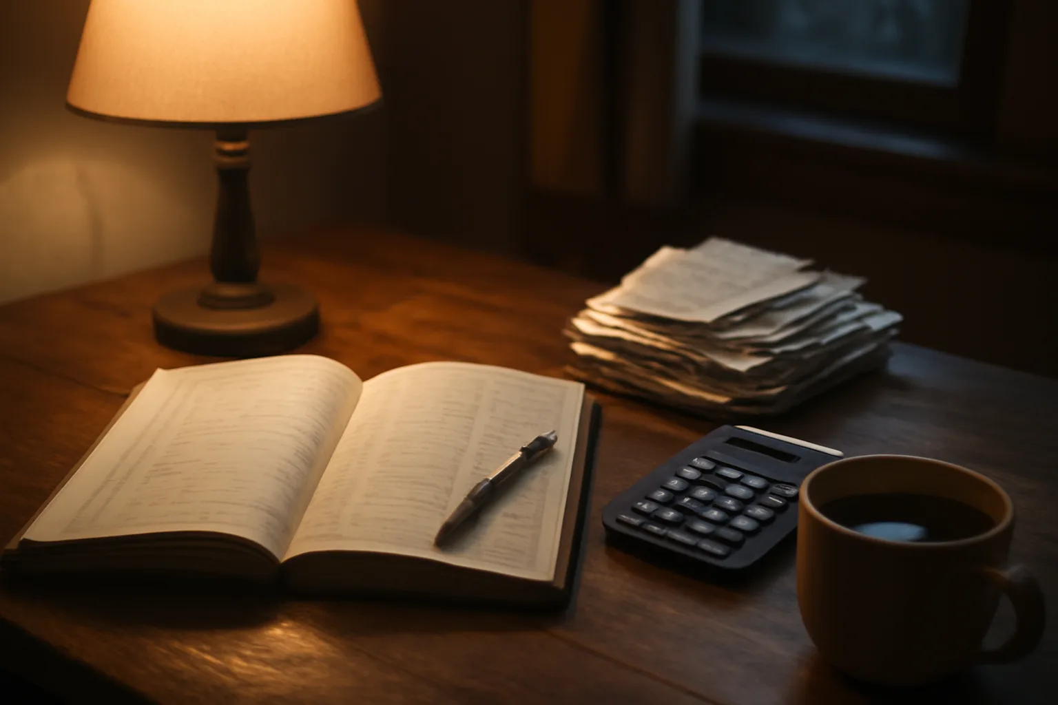 Desk with ledger, calculator, and receipts for a nonprofit treasurer report
