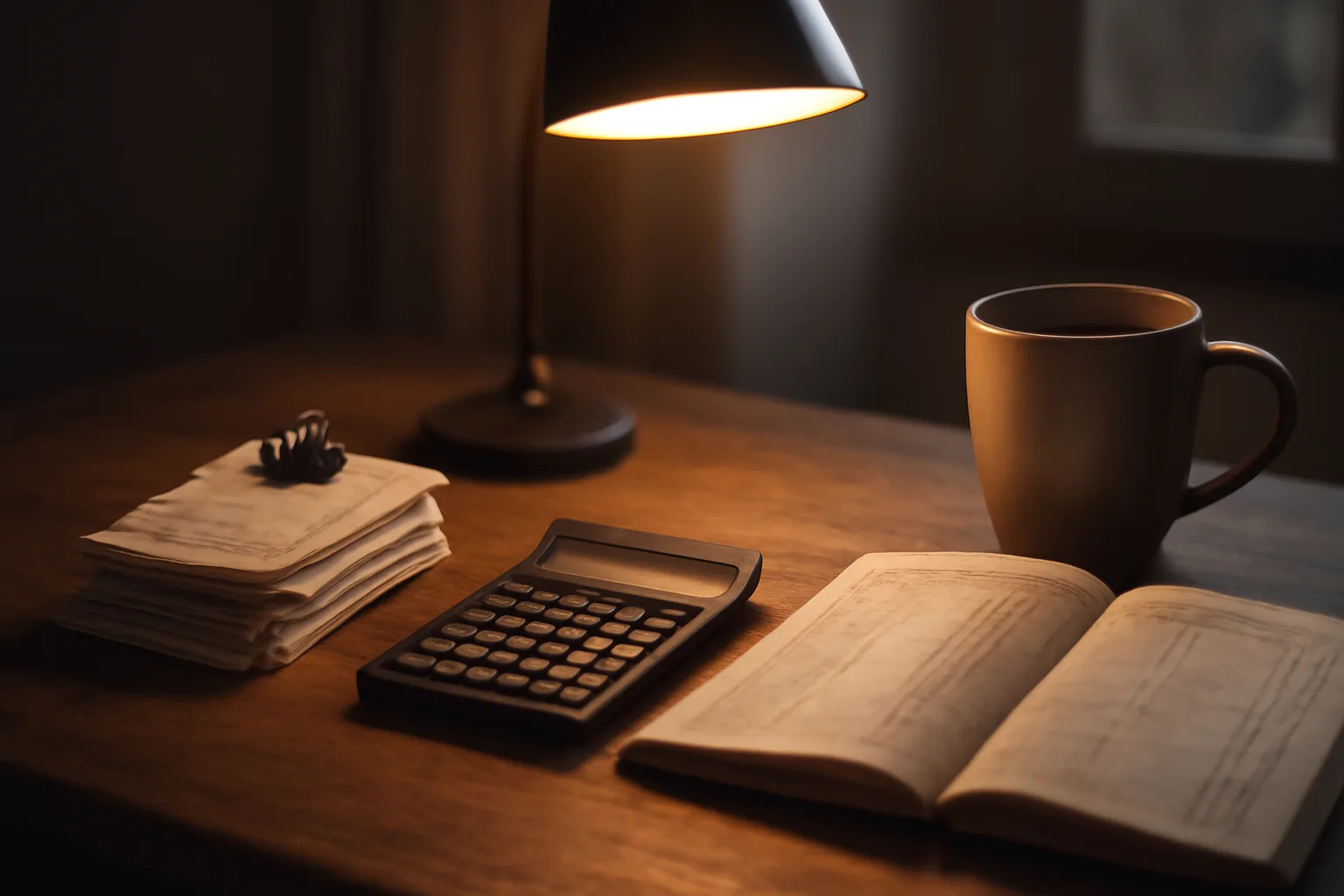 Volunteer treasurer's desk with ledger notebook, calculator, and receipts under lamp light