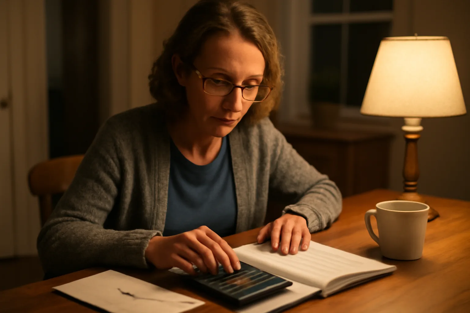 Volunteer treasurer reviewing a ledger and cash envelope at a kitchen table