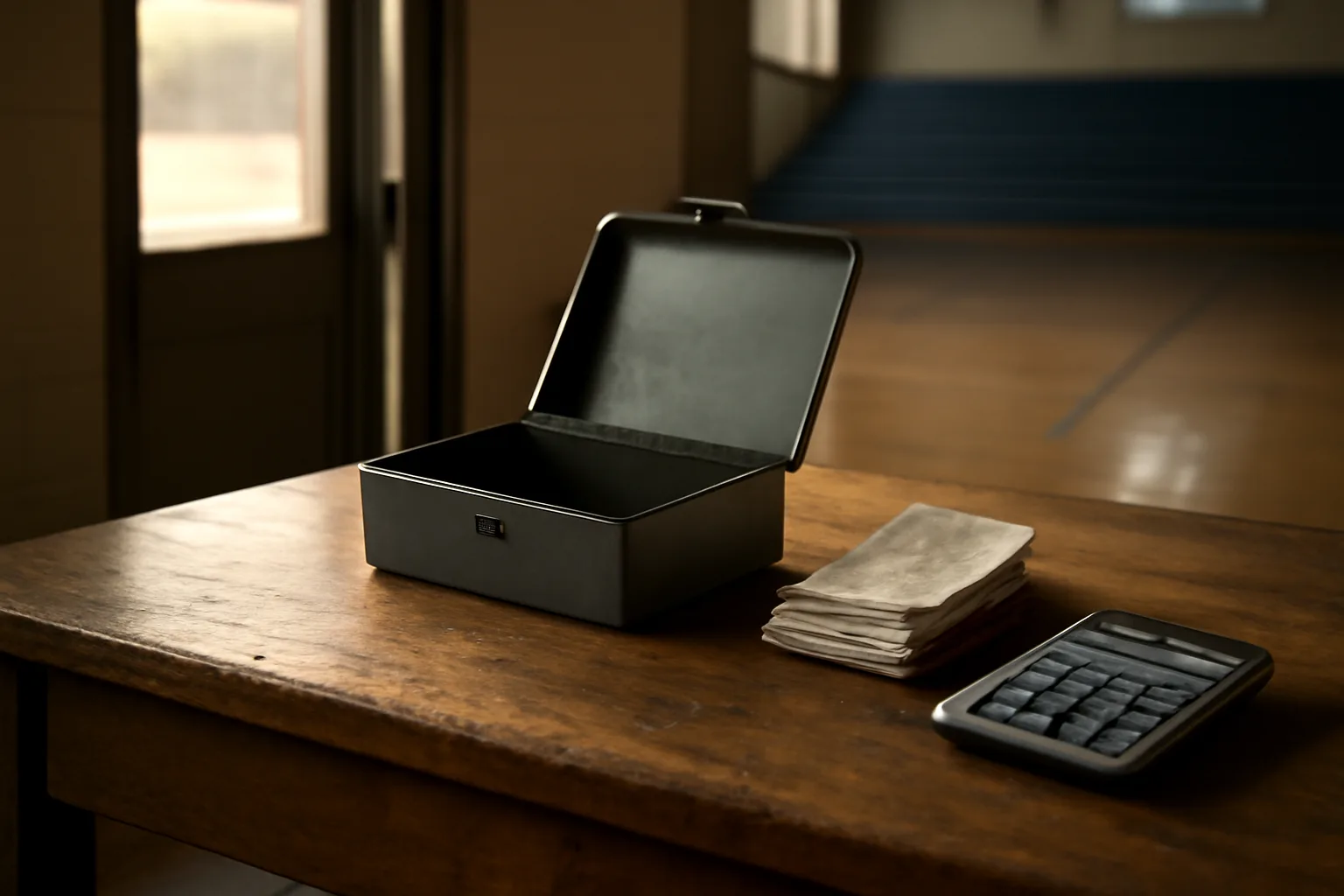 Cash box, receipts, and calculator on a desk showing nonprofit treasurer responsibilities