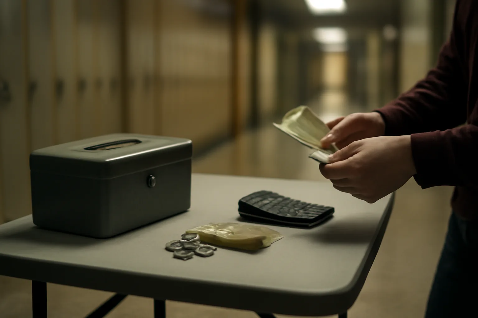Two people counting cash at a folding table, illustrating a club treasurer's cash-handling role