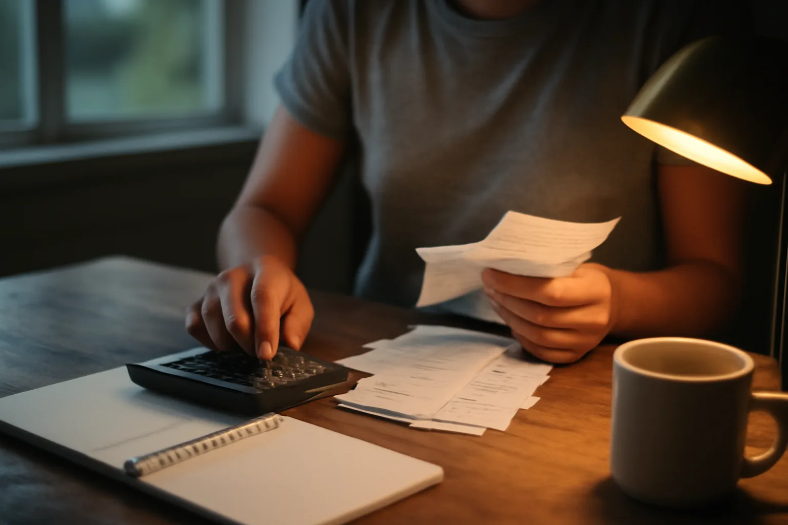 Volunteer treasurer reviewing receipts and a ledger while preparing a nonprofit treasurer's report