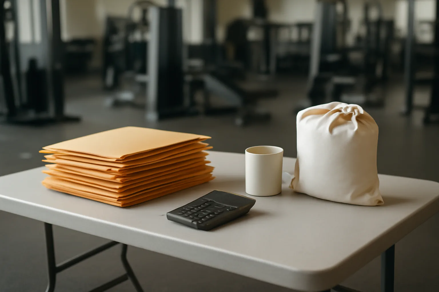 Treasurer's workspace with calculator and deposit bag on a folding table before a meeting