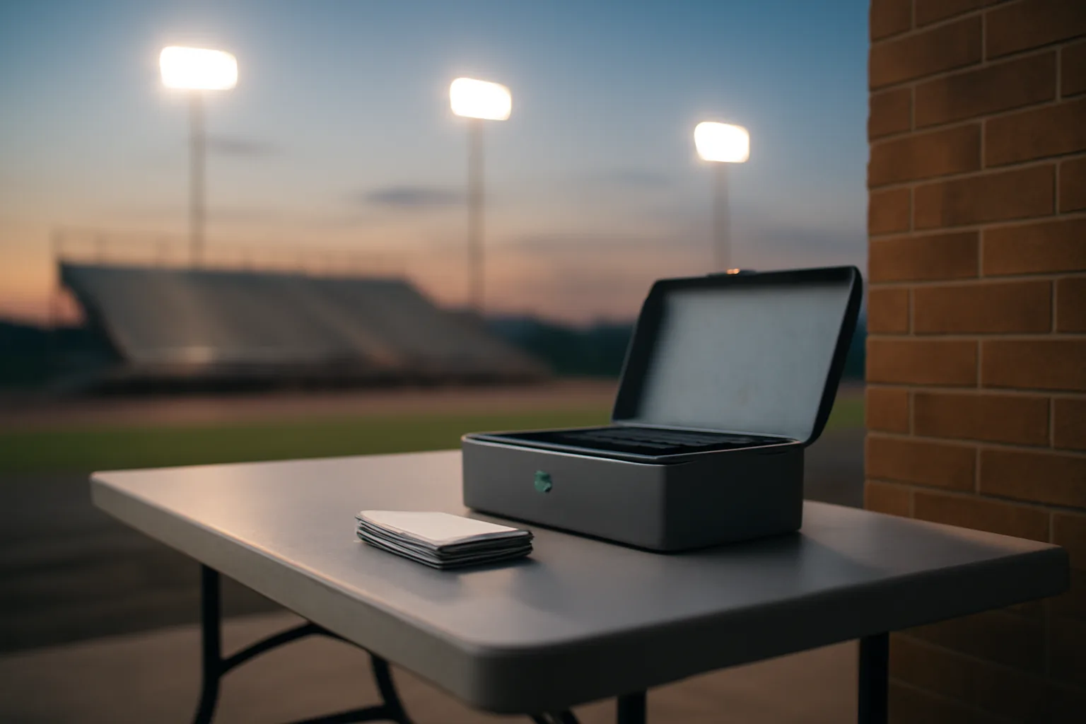 Cash box and receipts on a table under stadium lights, representing UIL booster club finances