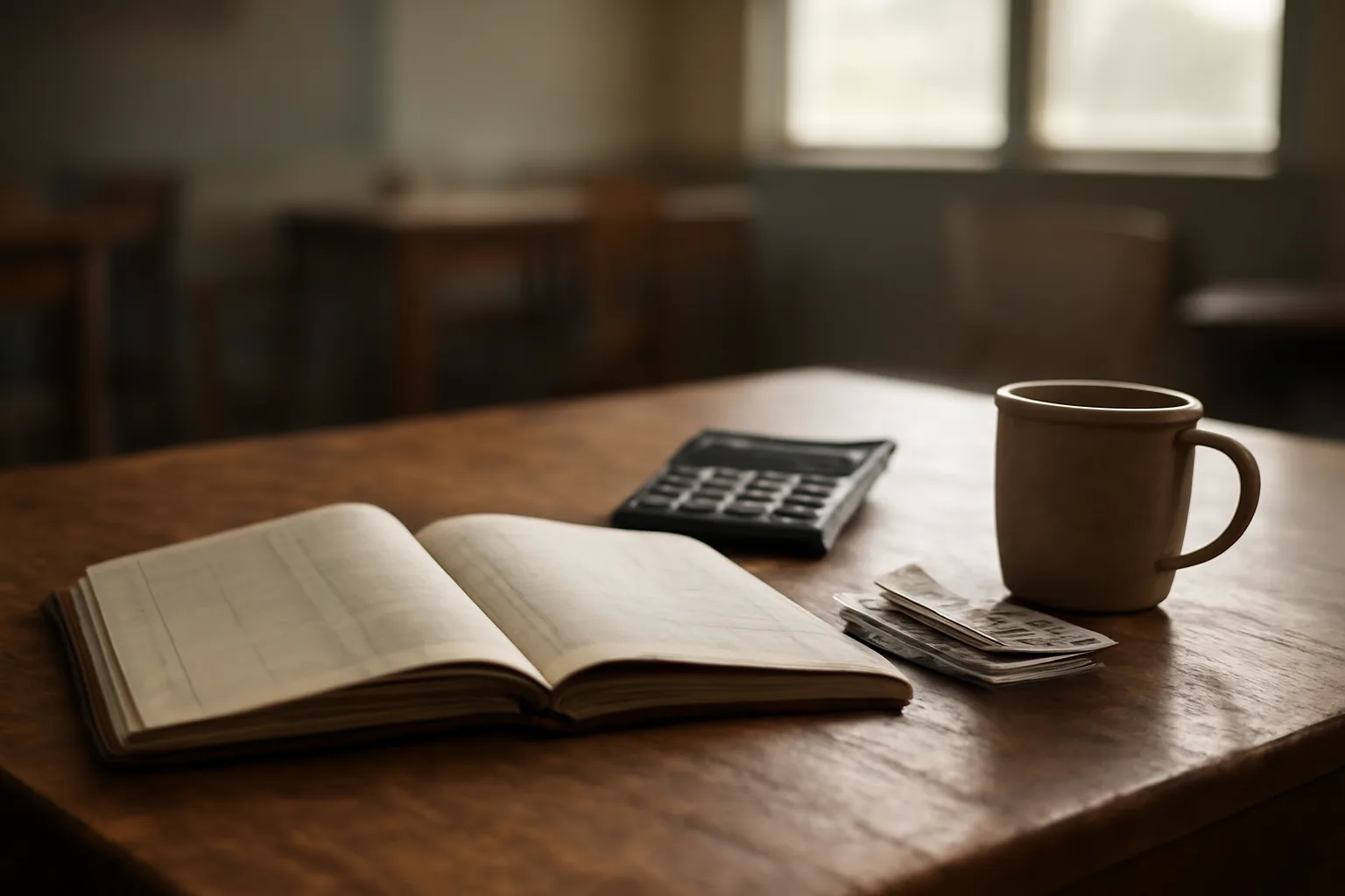 Treasurer's desk with ledger, calculator, and receipts in soft morning light