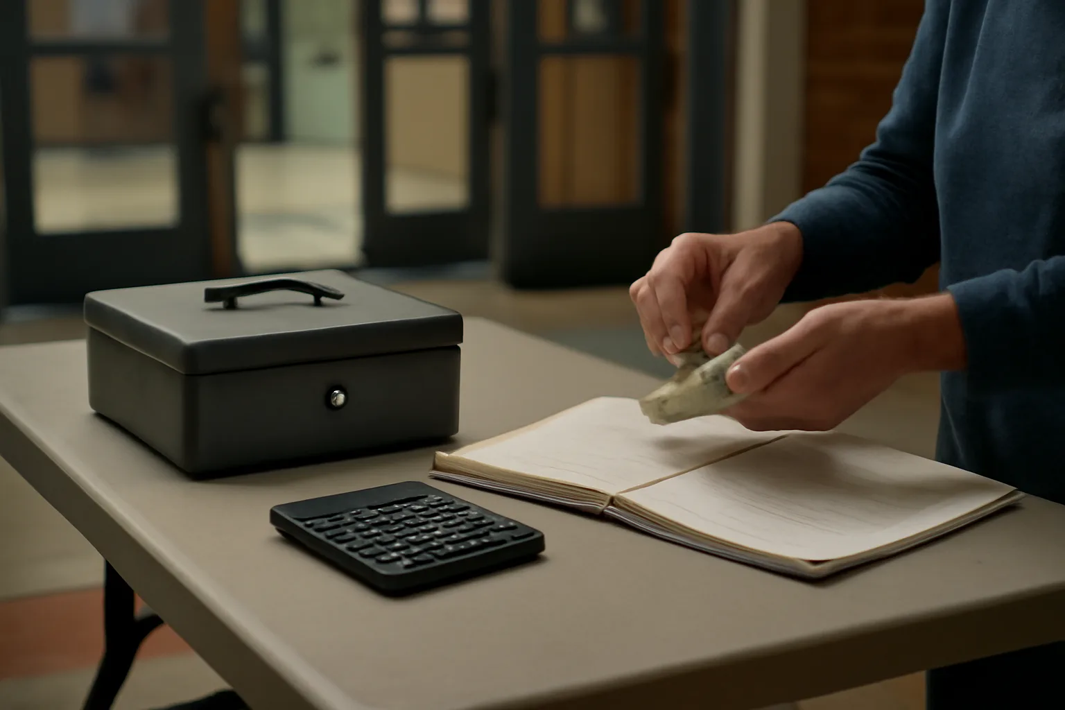 Volunteer treasurer counting cash and reconciling a ledger at a folding table