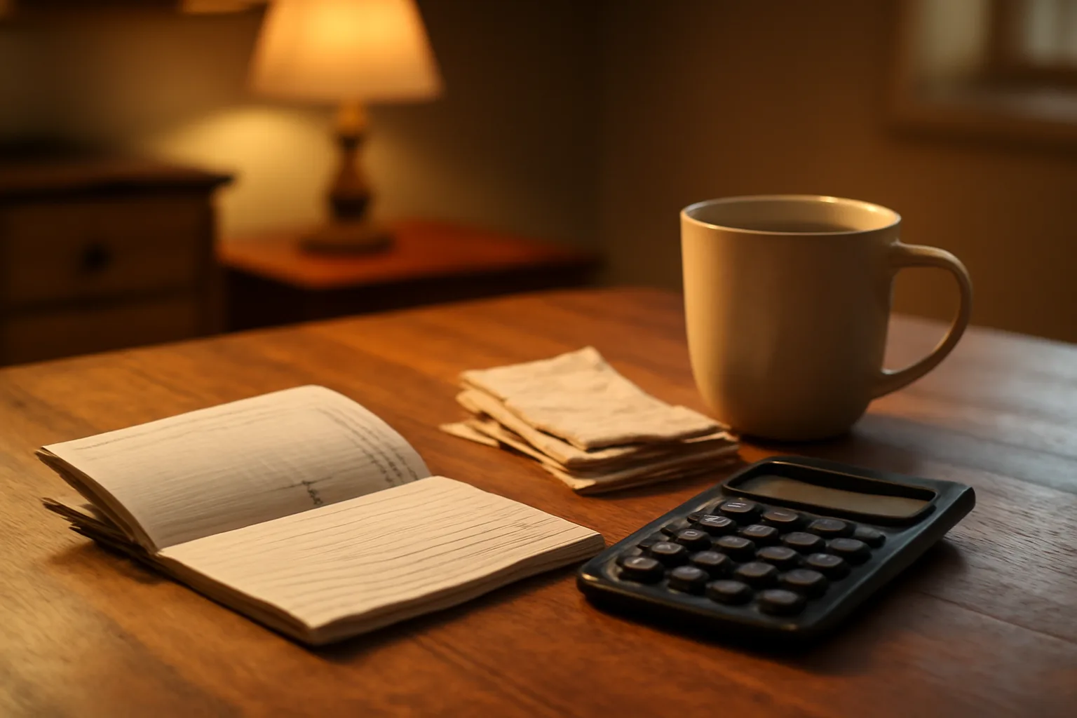 Volunteer treasurer's desk with ledger, calculator, and receipts under lamp light
