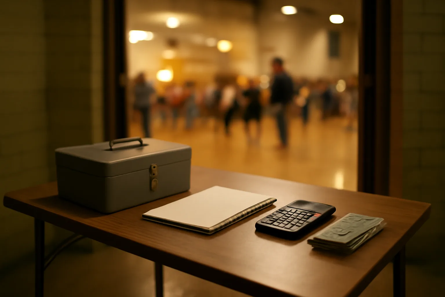 Volunteer treasurer's cash box and calculator on a folding table at a school event