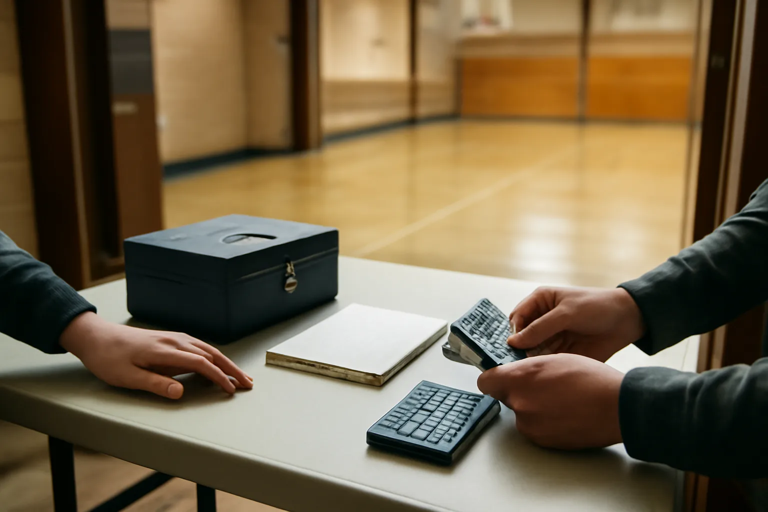 Two volunteers counting cash at a booster club table, illustrating treasurer duties
