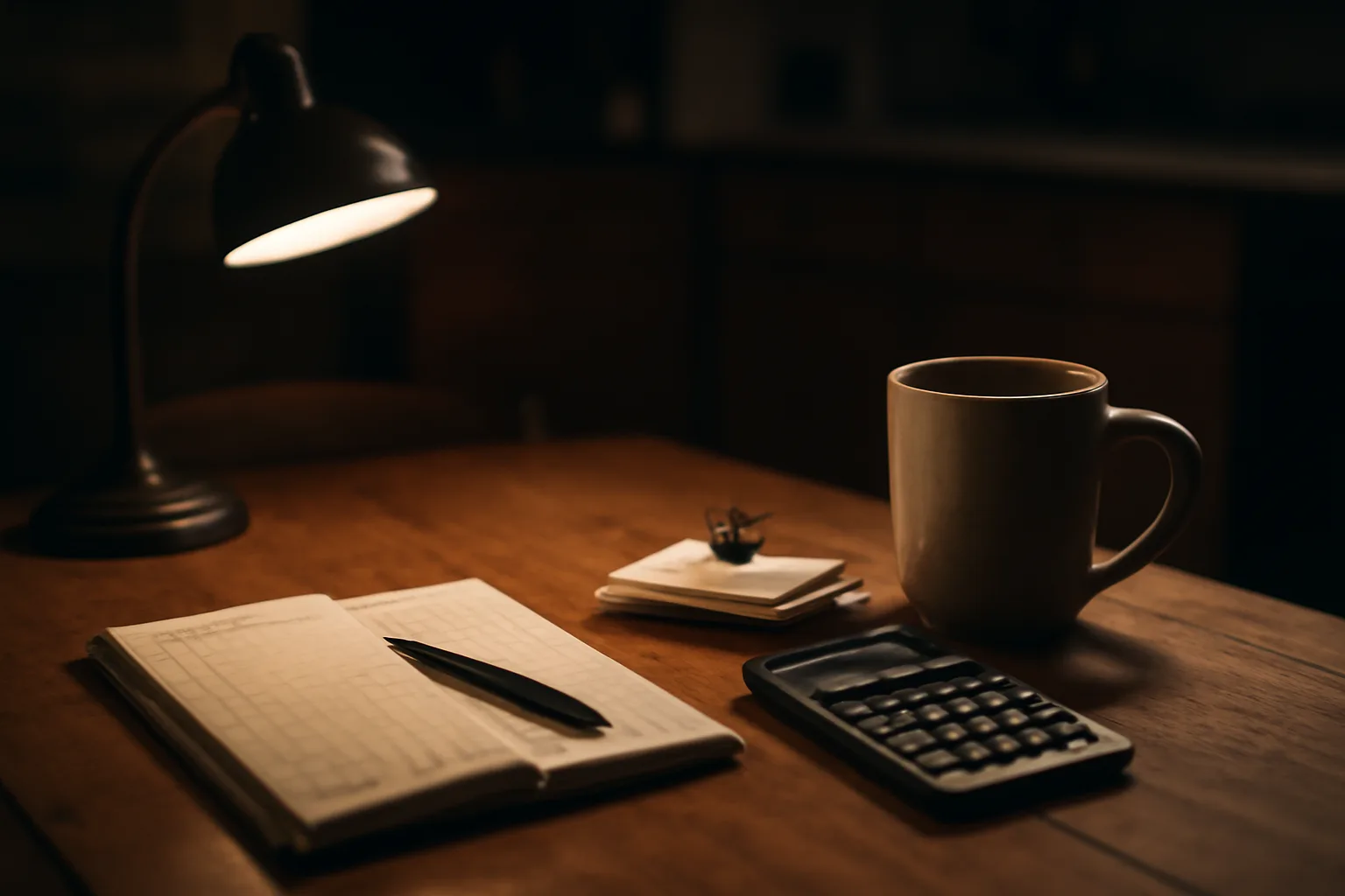 Treasurer's desk at night with ledger, calculator, and receipts under lamp light