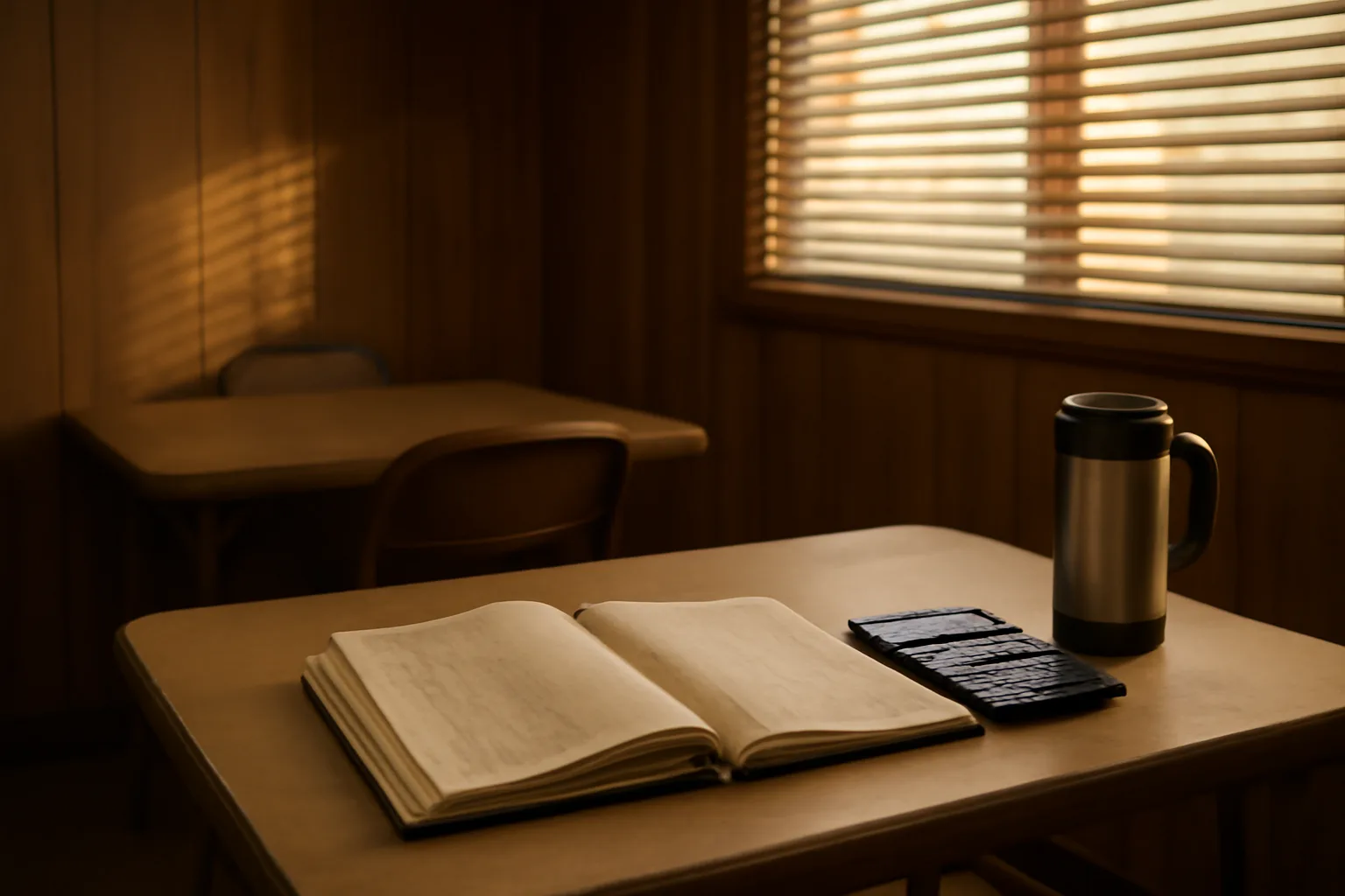 Ledger binder and calculator on a folding table in a dim meeting room