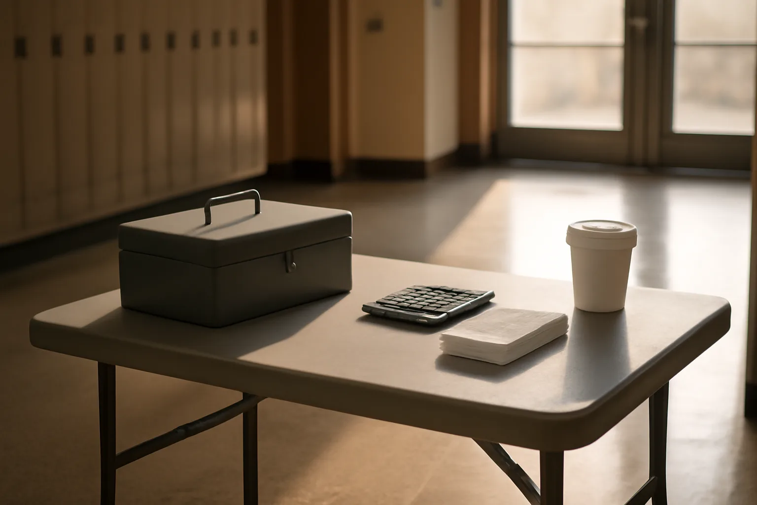 Volunteer treasurer's cash box, calculator, and receipts on a table before a booster club event