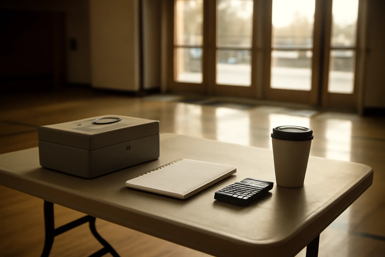 Treasurer's table with cash box, notebook, and calculator before a booster club event