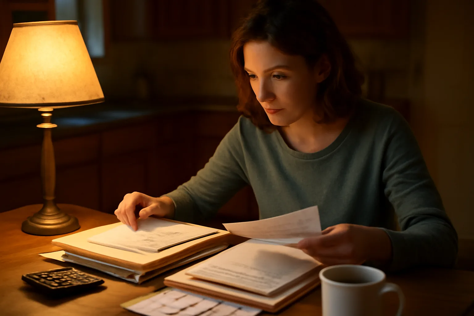 volunteer club treasurer organizing financial records and receipts at a home table