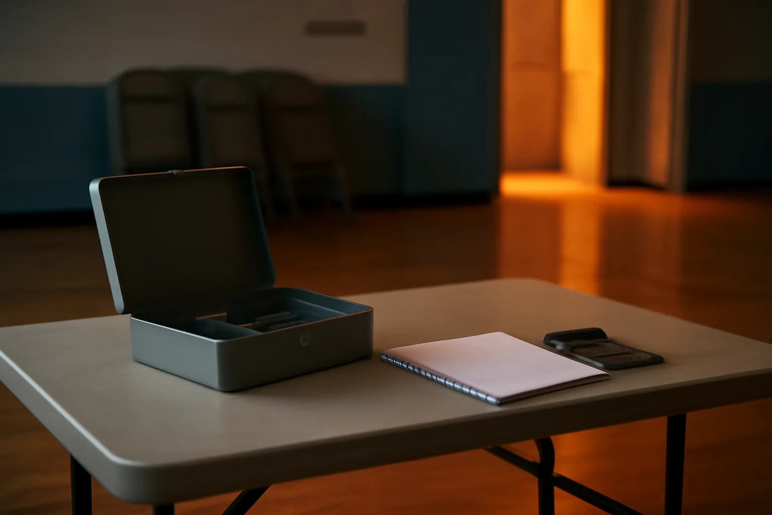 Treasurer's cash box, notebook, and calculator on a folding table after a club fundraiser