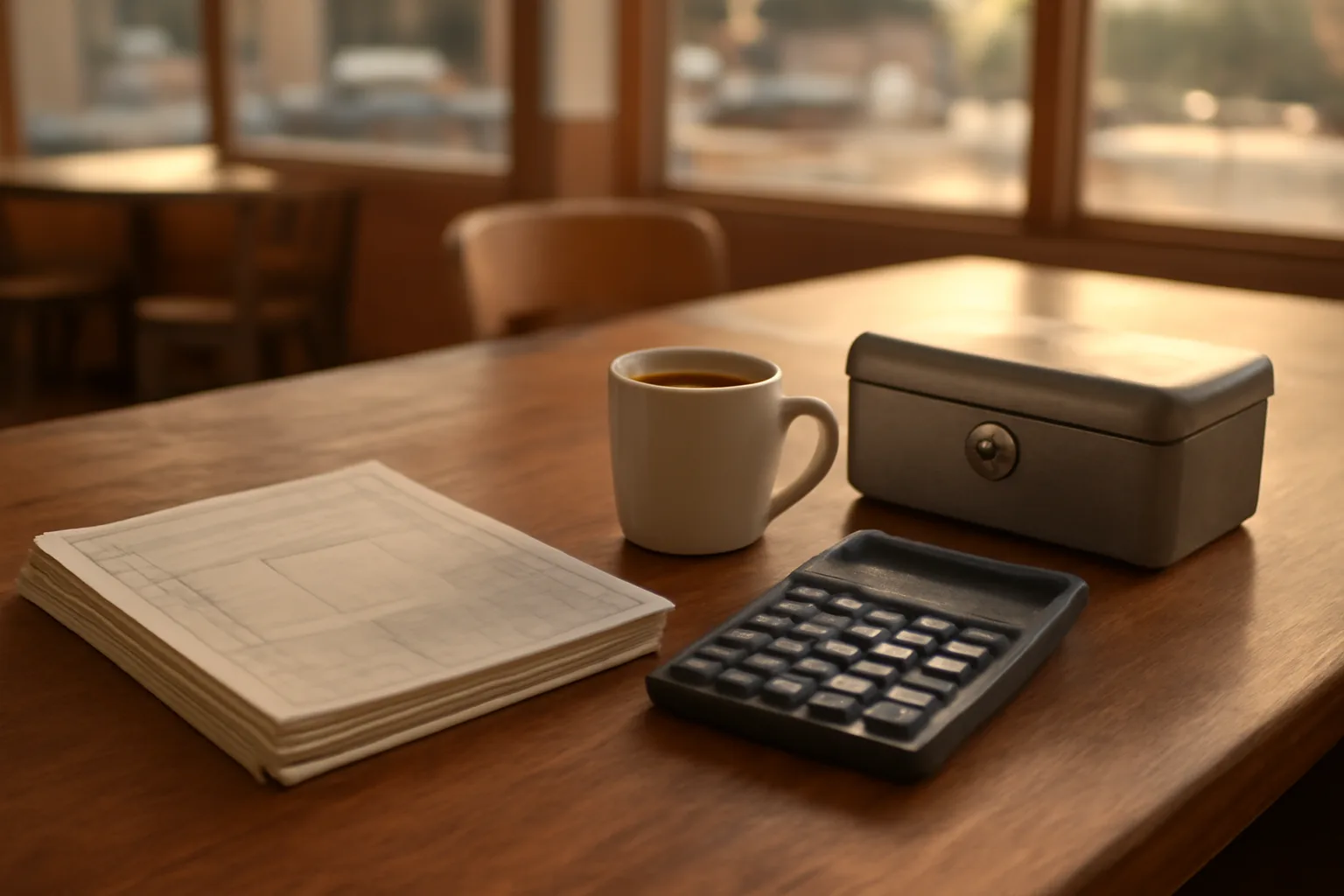 Desk with calculator, bank statements, and cash box showing nonprofit treasurer work